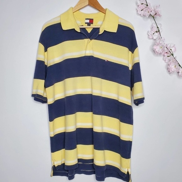 Tommy Hilfiger Striped Polo Shirt Navy Yellow XL - Picture 8 of 8